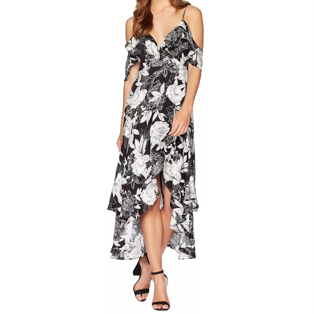Bardot Frankie Frill Black and White Floral Hi-Lo Hem Cold Shoulder Dress